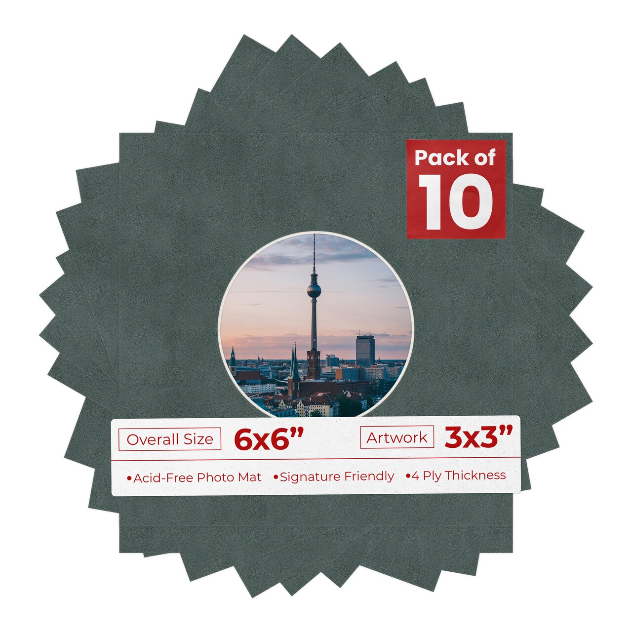 Dark Grey Suede Mat Board for 6x6 Frames - Circle Opening for 3x3 Photos